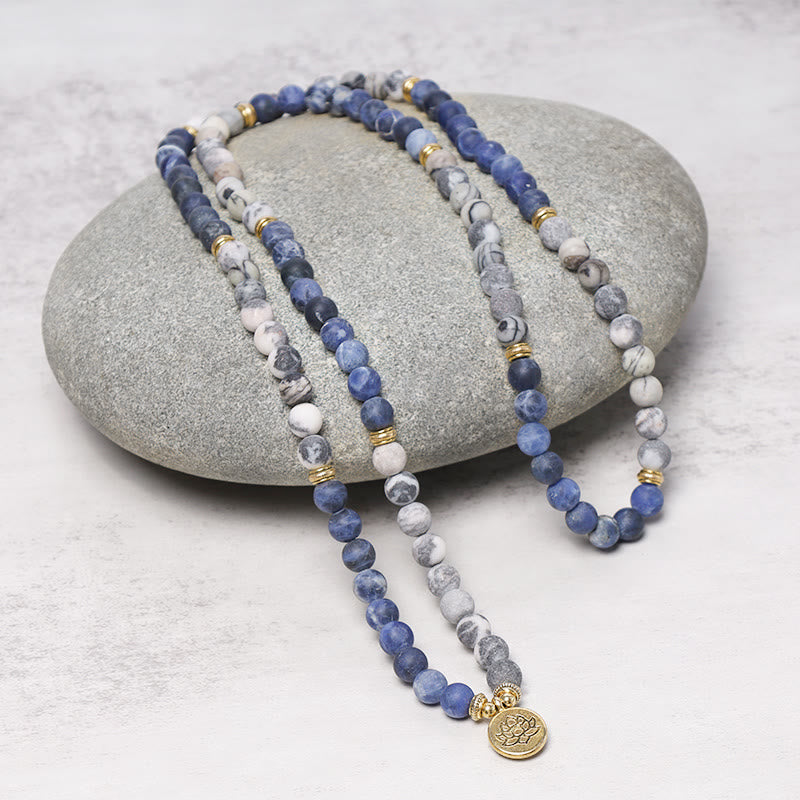 Karma Stone 108-Bead Natural Picasso Jasper and Blue Stone Rosary Lotus Pendant Prayer Bracelet Necklace