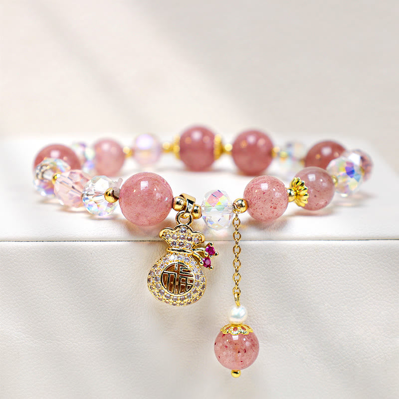 Karma Stone Natural Strawberry Quartz Crystal Money Bag Charm Positive Bracelet