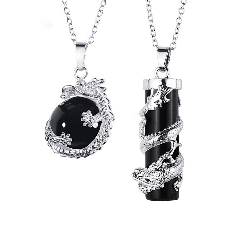 Karma Stone 2pc Dragon Wrapped Round Ball Gemstone Couple Necklace Pendant