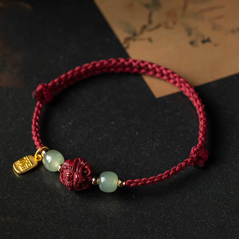 Karma Stone Natural Cinnabar Chinese Zodiac Hetian Jade Fu Character Luck Rope Bracelet
