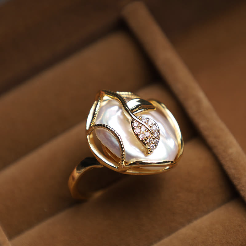 Karma Stone Pearl Copper Plated Gold Flower Happiness Wealth Ring