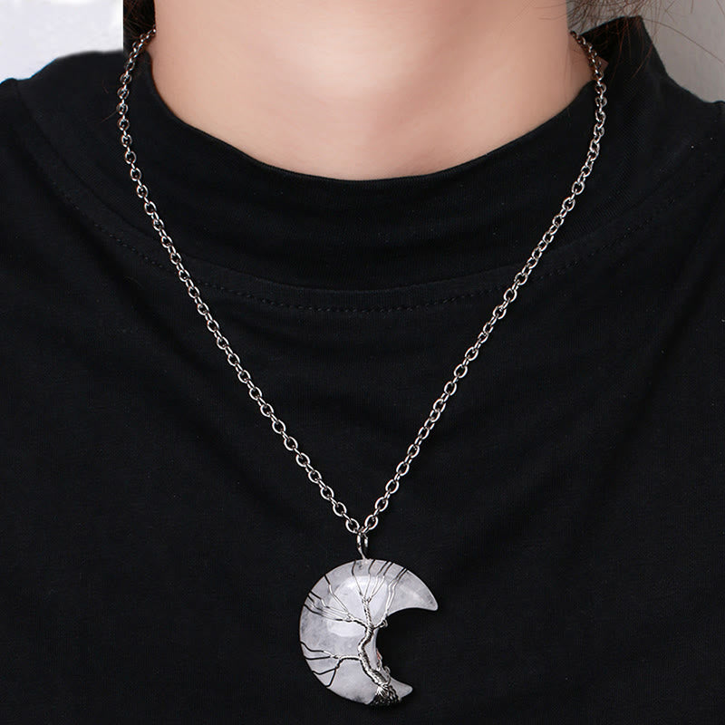 Karma Stone Natural Quartz Crystal Moon Tree Of Life Healing Energy Necklace Pendant
