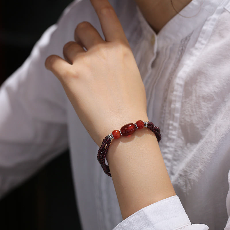 Karma Stone Natural Garnet Red Agate Protection Triple Layer Bracelet