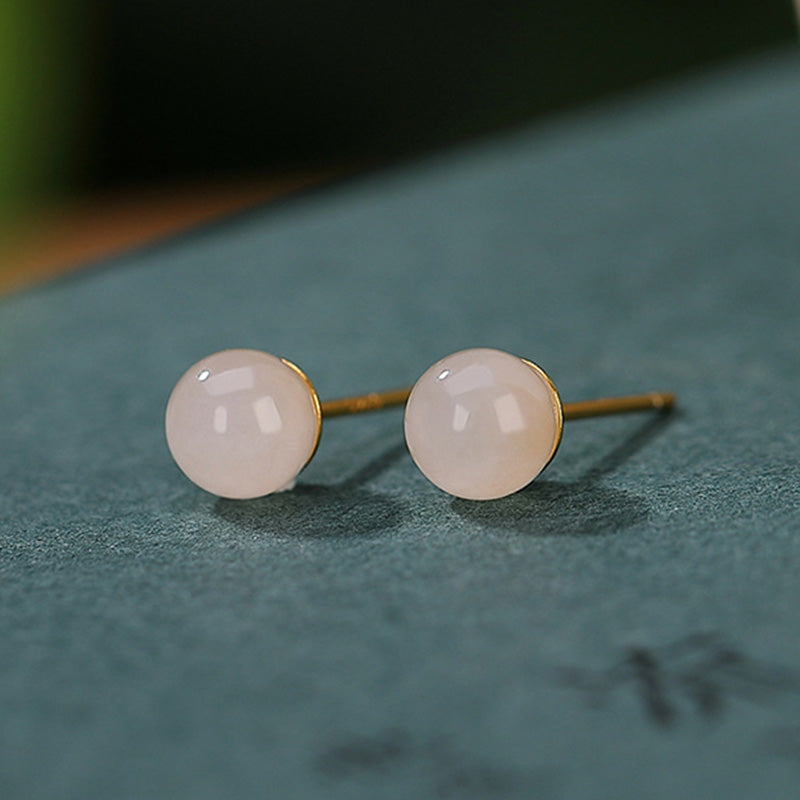 Karma Stone 925 Sterling Silver Round White Jade Blessing Stud Earrings