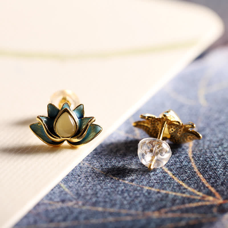 Karma Stone 925 Sterling Silver Hetian Cyan Jade Lotus Flower Success Earrings
