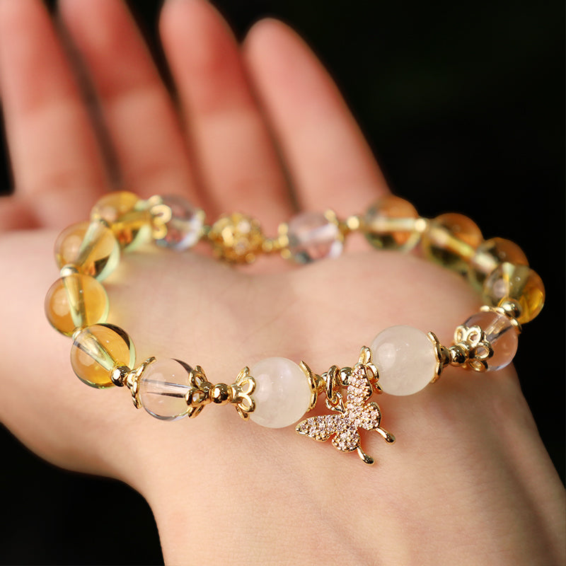 Karma Stone Citrine Moonstone Butterfly Charm Prosperity Protection Bracelet