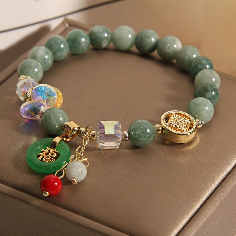 Karma Stone Strawberry Quartz Jade Fu Character Charm Healing Bracelet