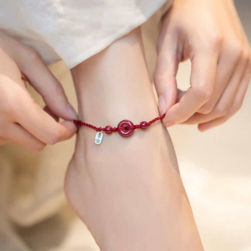 Karma Stone Handmade Cinnabar Peace Buckle Safe and Healthy Charm Blessing String Bracelet Anklet