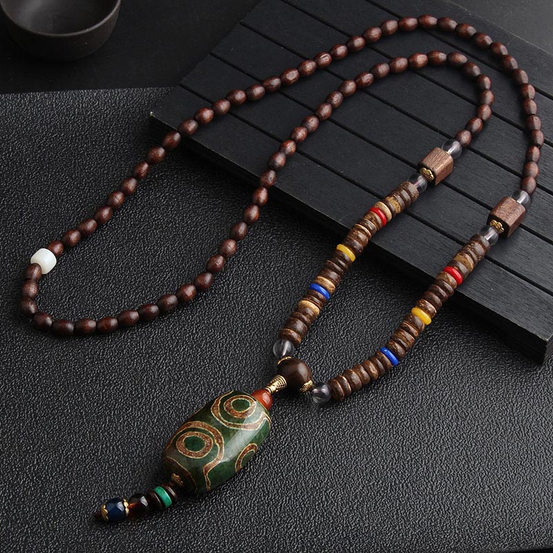 Karma Stone Turquoise Dzi Bead Prayer Wheel Wenge Wood Meditation Necklace