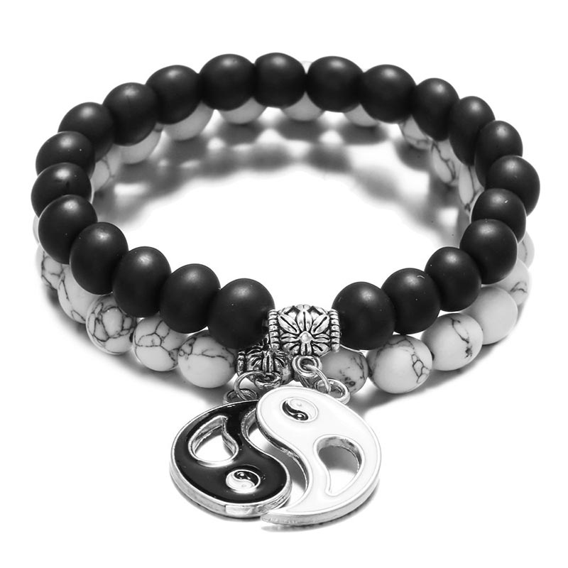 Karma Stone 2pcs Natural Black Onyx White Turquoise Bead Yin Yang Couple Bracelet