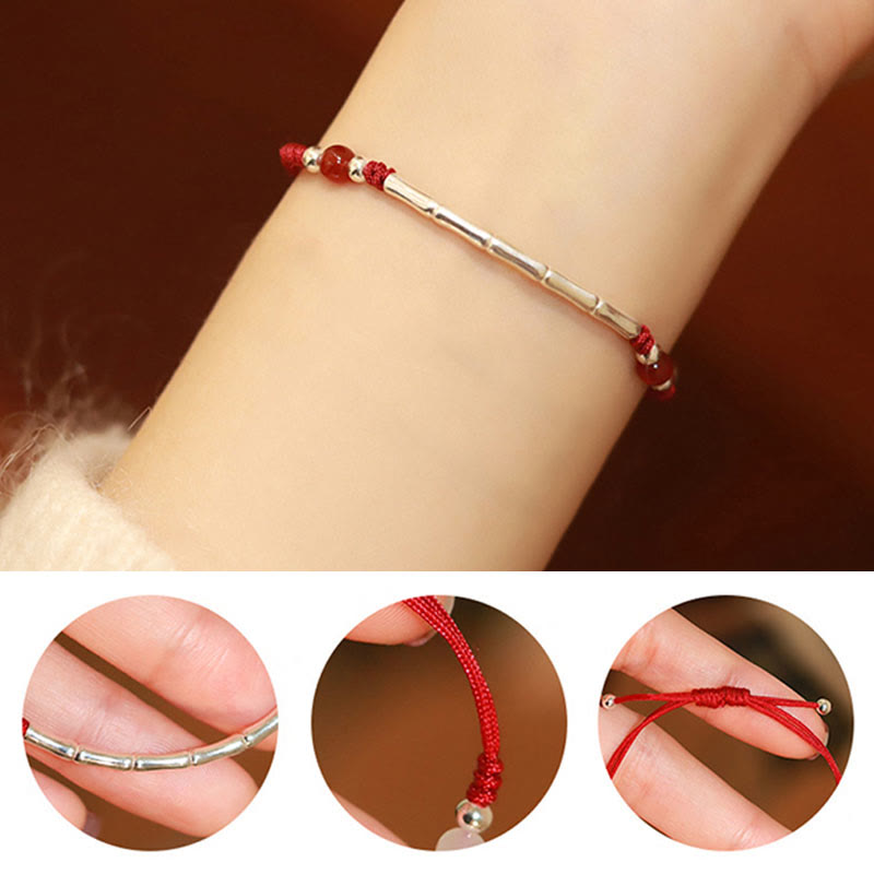 Karma Stone 925 Sterling Silver Bamboo White Agate Red Agate Bead Protection String Braided Bracelet