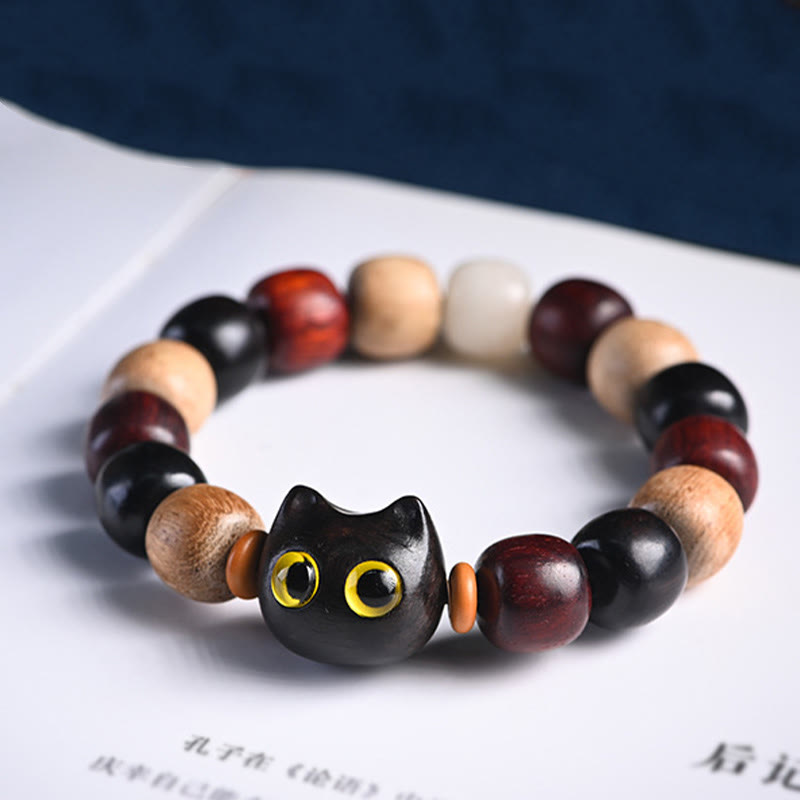 Karma Stone Small Leaf Red Sandalwood Ebony Wood Cute Cat Engraved Protection Bracelet