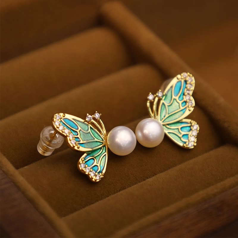 Karma Stone 925 Sterling Silver Posts 18K Gold Plated Copper Natural Pearl Butterfly Healing Stud Earrings