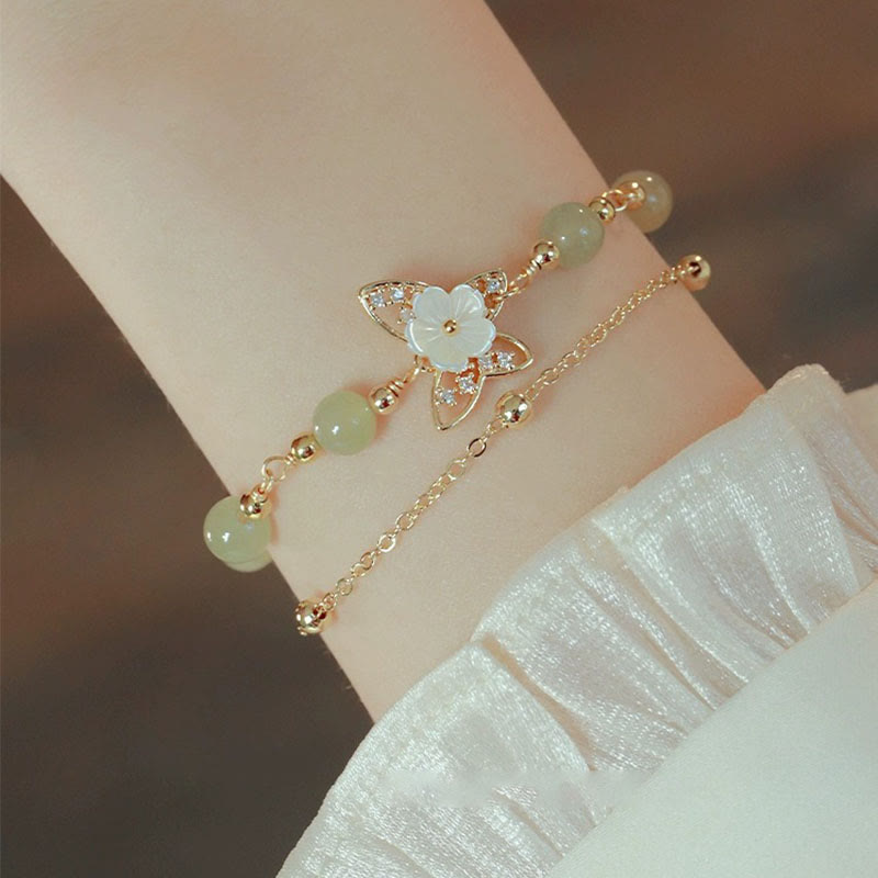 Karma Stone 14K Gold Plated Jade Butterfly Tridacna Stone Flower Double Layer Luck Bracelet