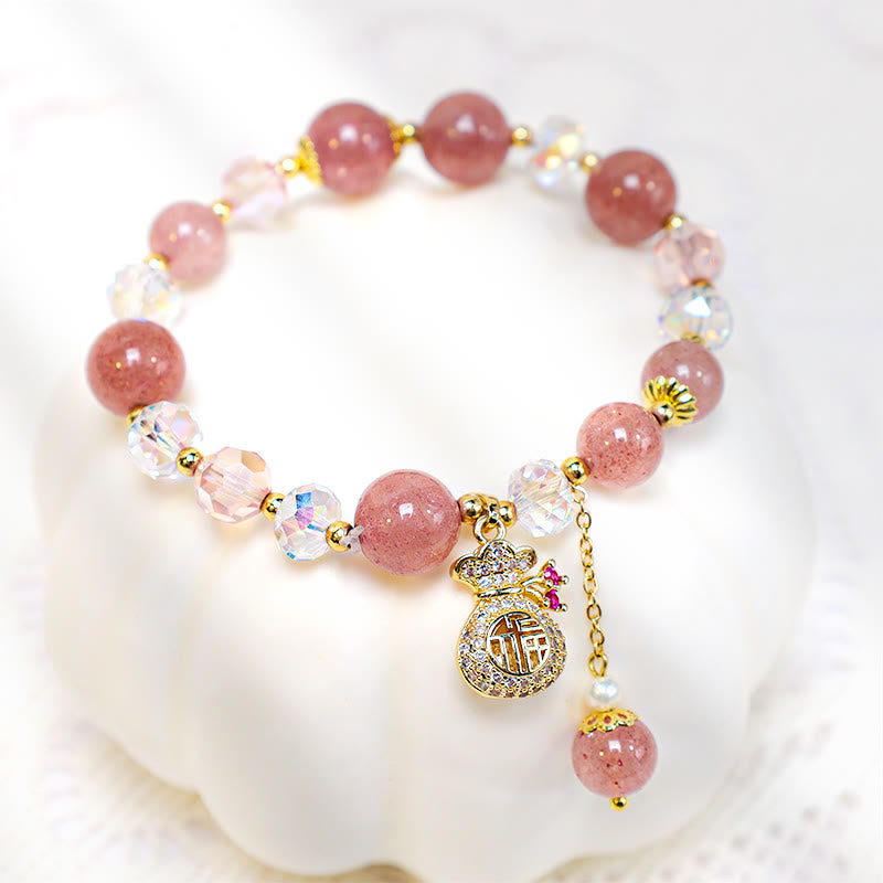 Karma Stone Natural Strawberry Quartz Crystal Money Bag Charm Positive Bracelet