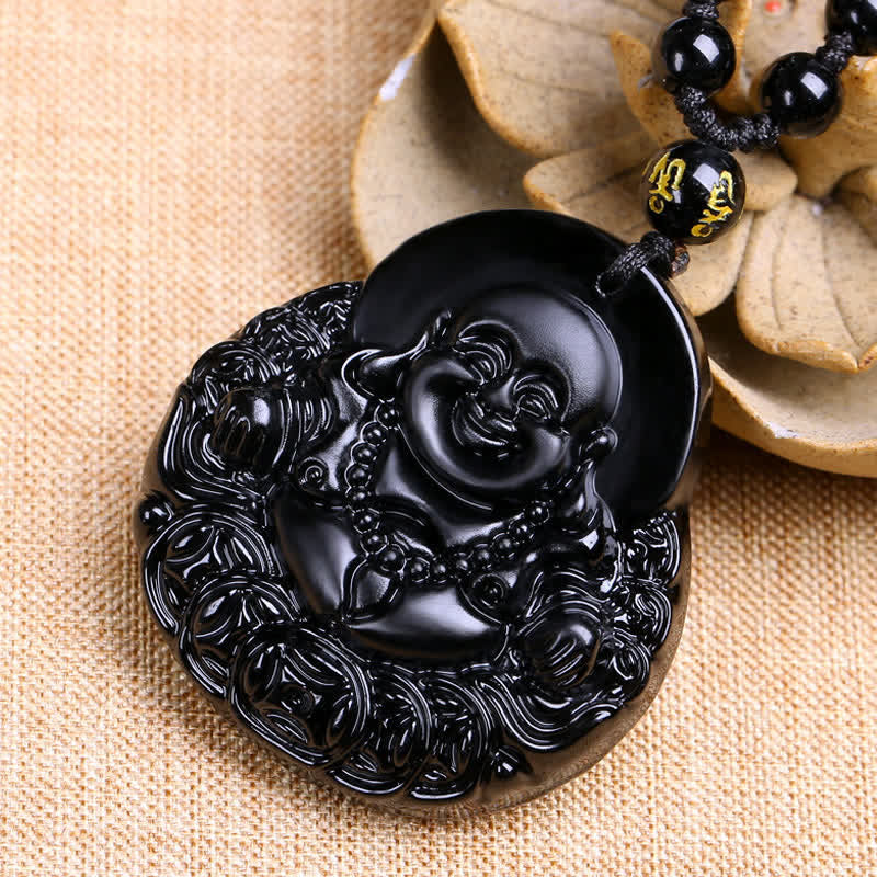 Karma Stone Laughing Buddha Black Obsidian Strength Protection Pendant Necklace