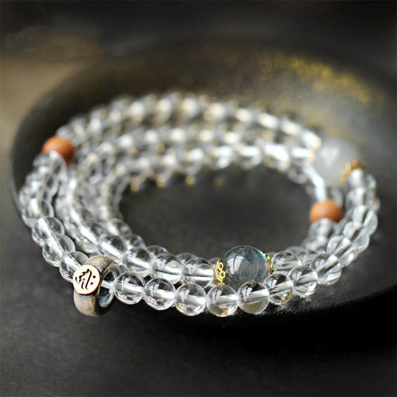 Karma Stone 925 Sterling Silver Chinese Zodiac Natal Buddha White Crystal Meditation Triple Wrap Bracelet