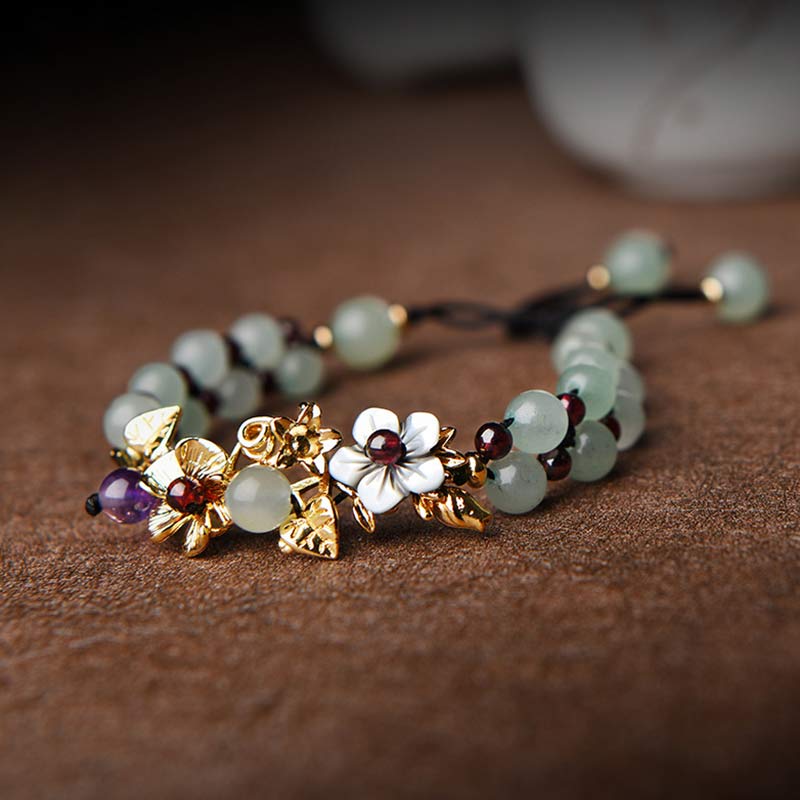 Karma Stone Green Aventurine Garnet Bead Flower Petal Luck Bracelet