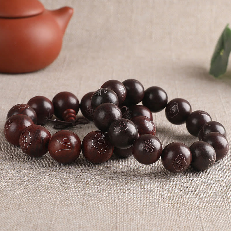 Karma Stone 925 Sterling Silver Inlaid Small Leaf Red Sandalwood Om Mani Padme Hum Character Auspicious Clouds Protection Bracelet