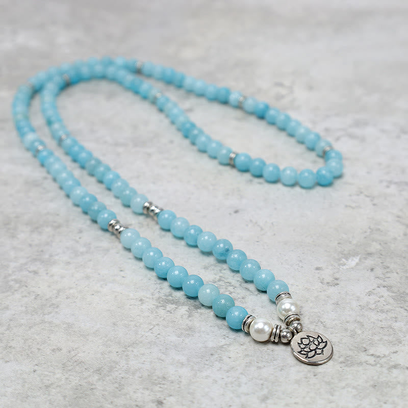 Karma Stone Natural Amazonite Stone Healing Lotus Mala Bracelet Necklace