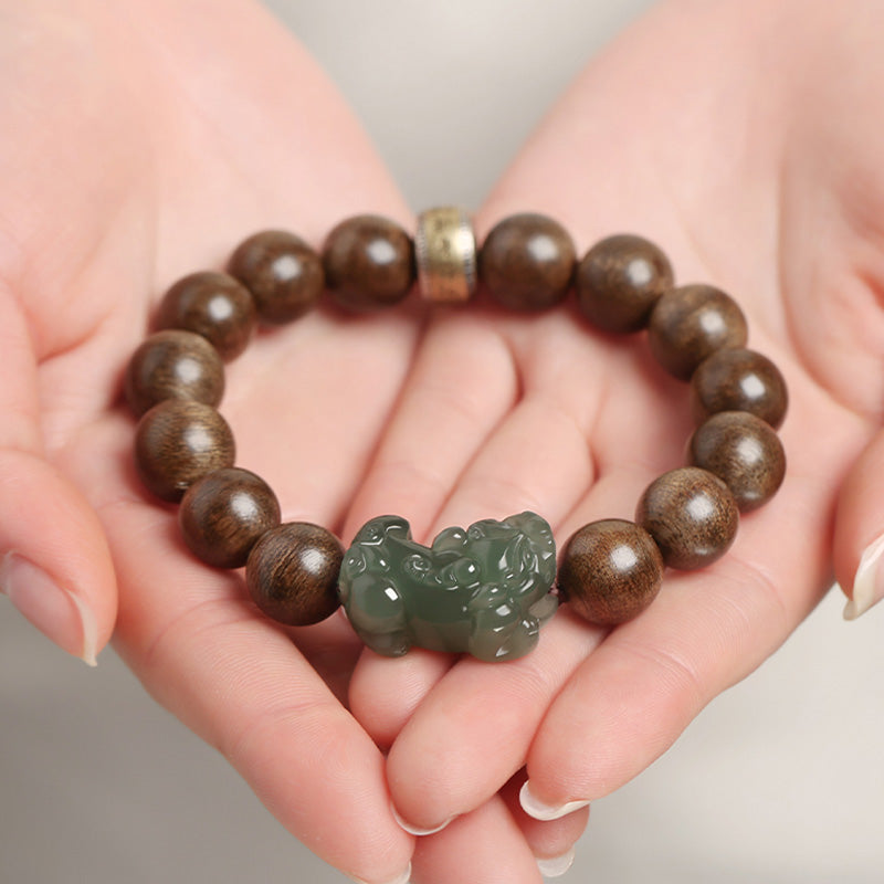 Karma Stone 925 Sterling Silver Brunei Agarwood PiXiu Jade Peace Strength Bracelet