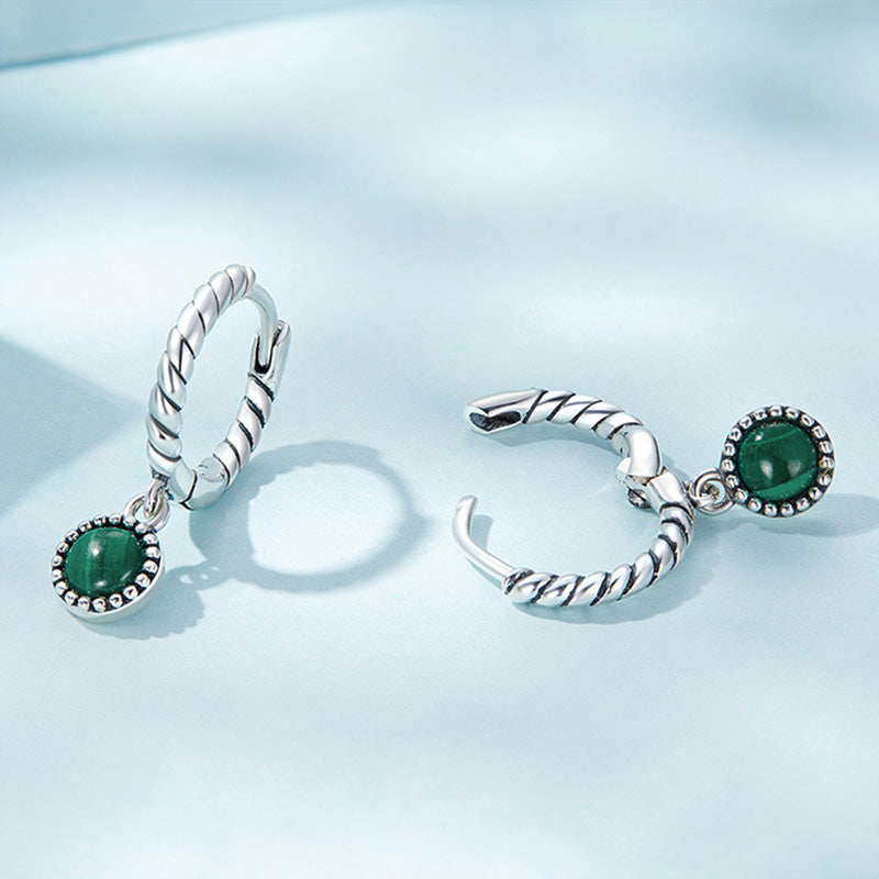 Karma Stone 925 Sterling Silver Round Malachite Anti-Anxiety Drop Earrings