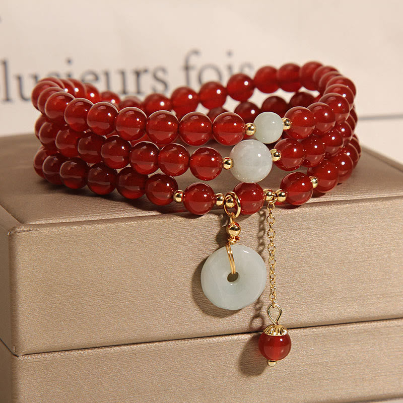 Karma Stone Natural Red Agate Jade Peace Buckle Calm Triple Wrap Bracelet