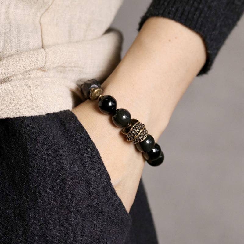 Karma Stone Black Obsidian Ebony Wood Copper Strength Couple Bracelet