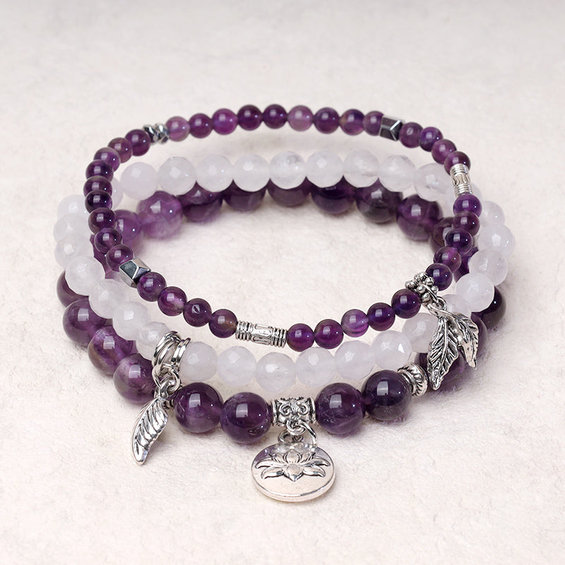 Karma Stone 3PCS Natural Quartz Crystal Beaded Healing Energy Lotus Bracelet