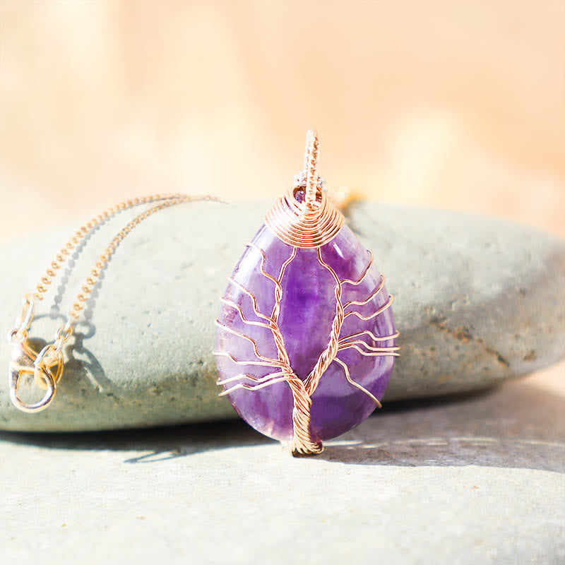 Karma Stone Natural Quartz Crystal Tree Of Life Healing Energy Necklace Pendant
