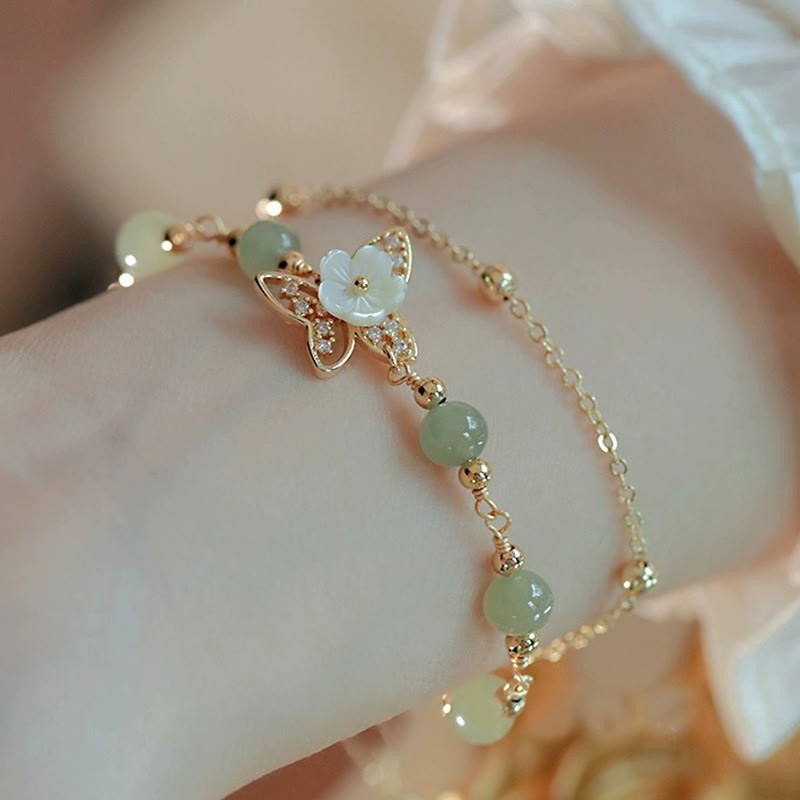 Karma Stone 14K Gold Plated Jade Butterfly Tridacna Stone Flower Double Layer Luck Bracelet