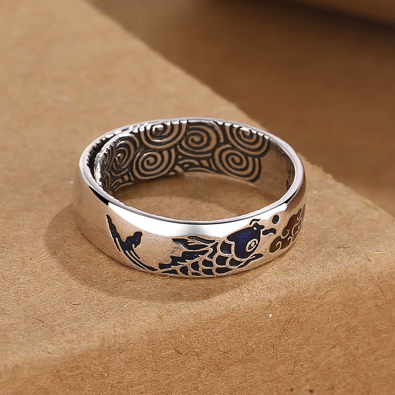 Karma Stone Koi Fish Auspicious Cloud Design Luck Wealth Ring