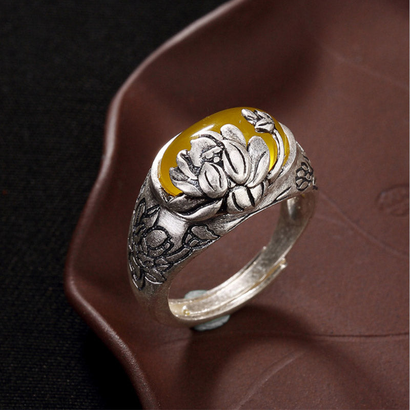 Karma Stone Citrine Lotus Blessing Protection Adjustable Ring