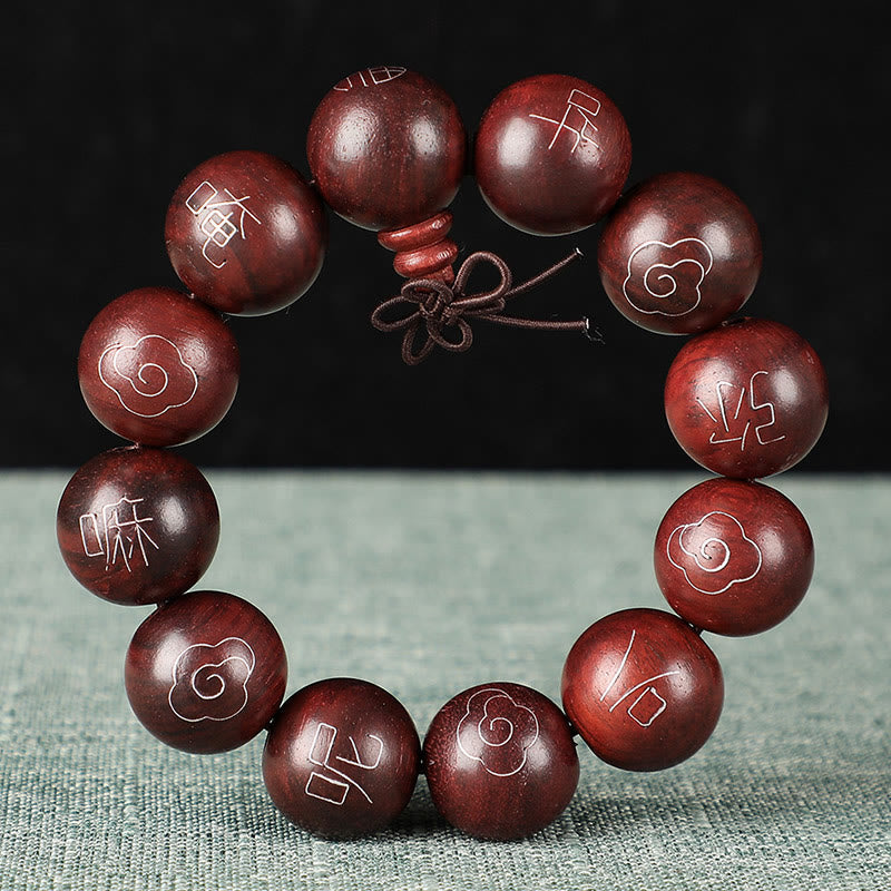 Karma Stone 925 Sterling Silver Inlaid Small Leaf Red Sandalwood Om Mani Padme Hum Character Auspicious Clouds Protection Bracelet