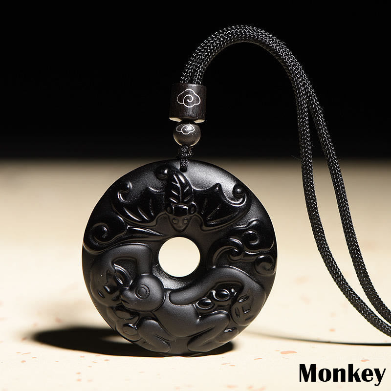 Karma Stone Chinese Zodiac Natural Black Obsidian Peace Buckle Strength Necklace Pendant