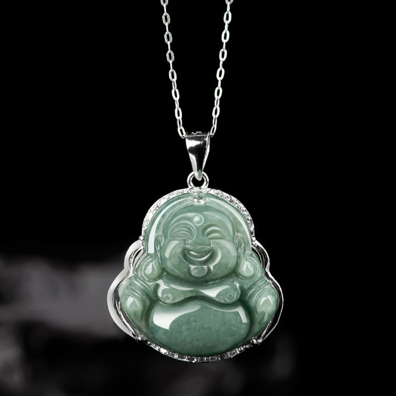 Karma Stone 925 Sterling Silver Laughing Buddha Jade Abundance Necklace Chain Pendant