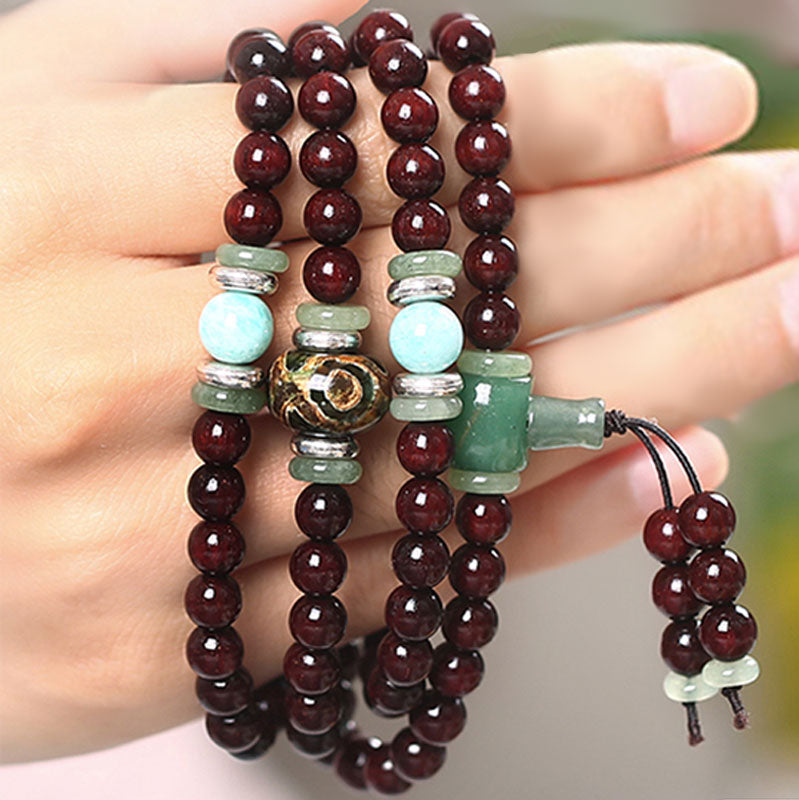 Karma Stone 108 Beads Small Leaf Red Sandalwood Green Aventurine Amazonite Luck Healing Bracelet Mala