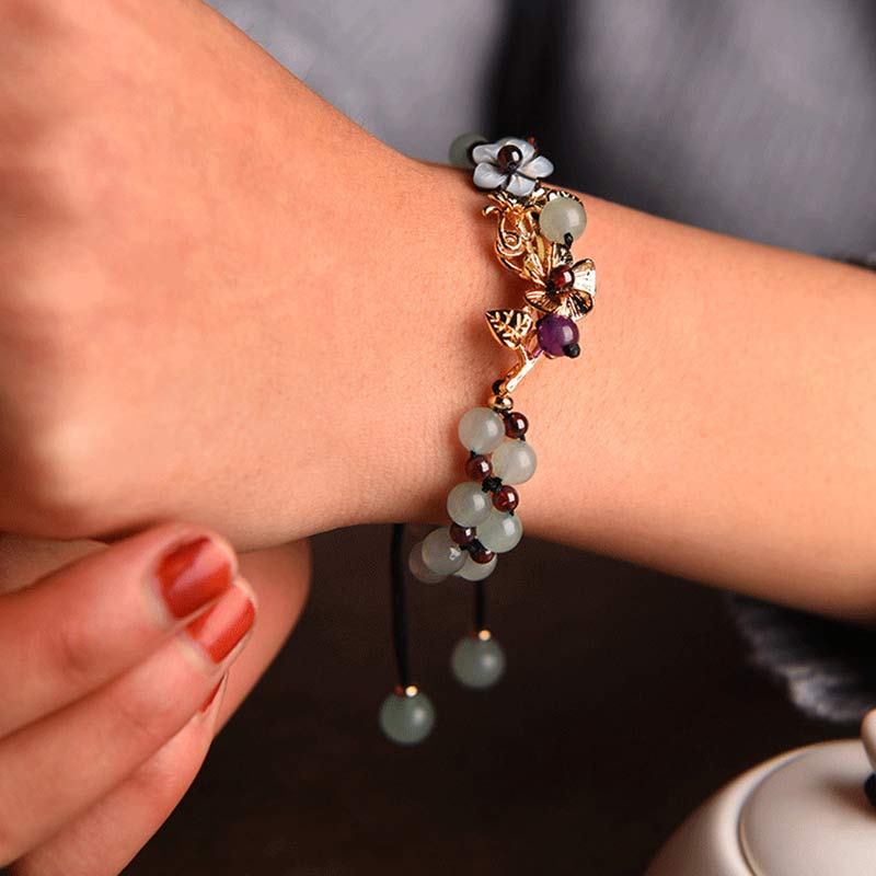 Karma Stone Green Aventurine Garnet Bead Flower Petal Luck Bracelet