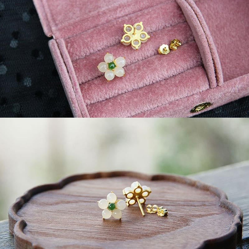 Karma Stone White Jade Flower Luck Blessing Stud Earrings