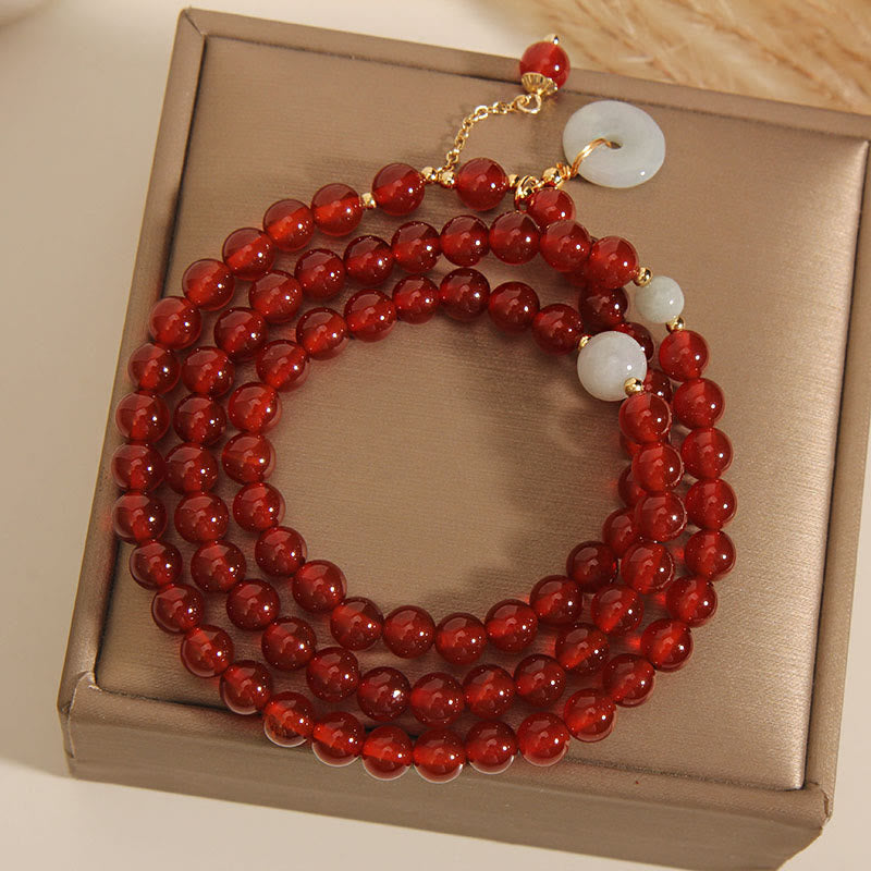 Karma Stone Natural Red Agate Jade Peace Buckle Calm Triple Wrap Bracelet