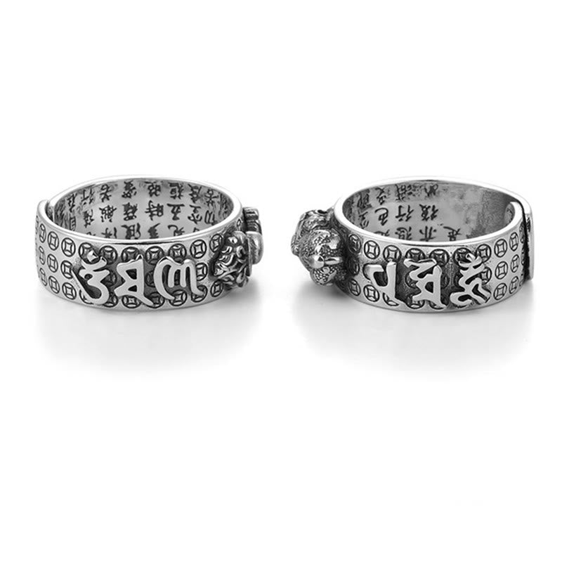 Karma Stone Tibetan 990 Sterling Silver Om Mani Padme Hum PiXiu Dorje Vajra Heart Sutra Engraved Wealth Ring