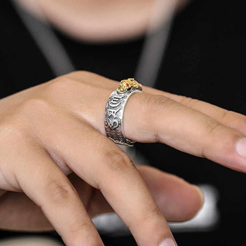 Karma Stone Tibetan 990 Sterling Silver Om Mani Padme Hum PiXiu Dorje Vajra Heart Sutra Engraved Wealth Ring