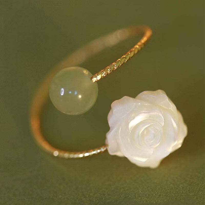 Karma Stone 14K Gold Plated Tridacna Stone Rose Flower Jade Bead Blessing Ring