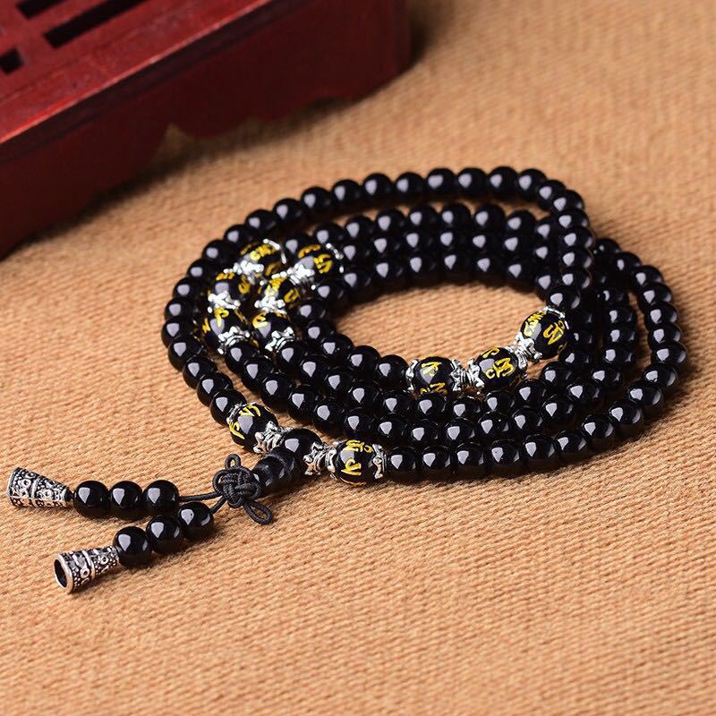 Karma Stone Black Obsidian Six True Words Protection Mala Bracelet