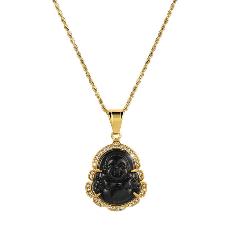 Karma Stone 18K Gold Filled Laughing Buddha Jade Luck Necklace Chain Pendant