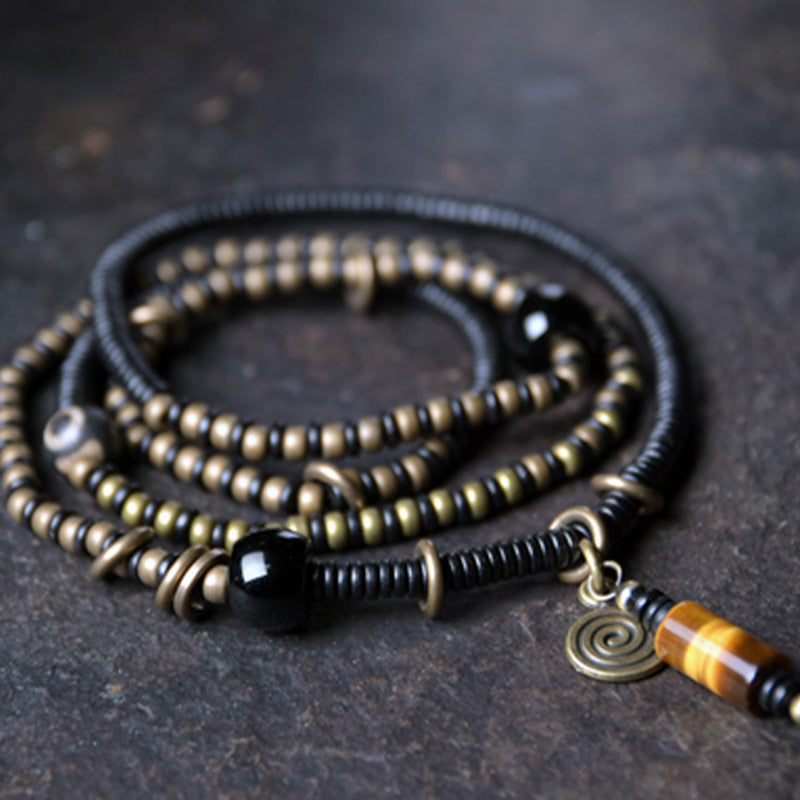 Karma Stone Ebony Wood Dzi Bead Copper Peace Couple Bracelet Necklace Pendant