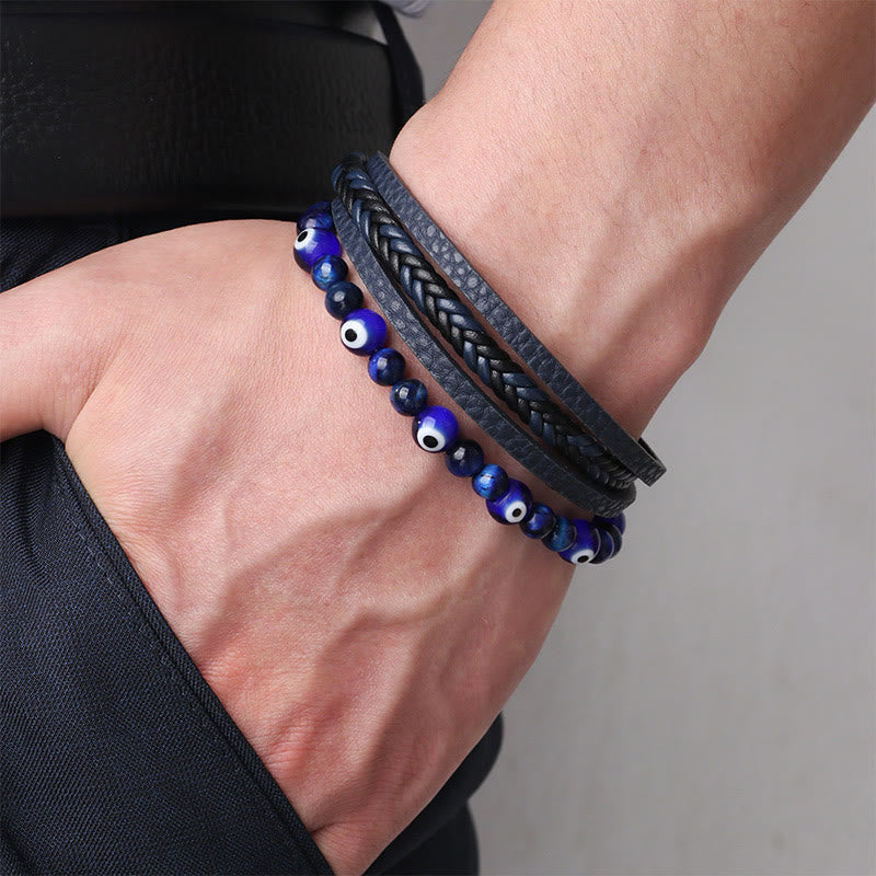 Karma Stone Evil Eye Tiger Eye Protection Beaded Multilayered Braided Bracelet
