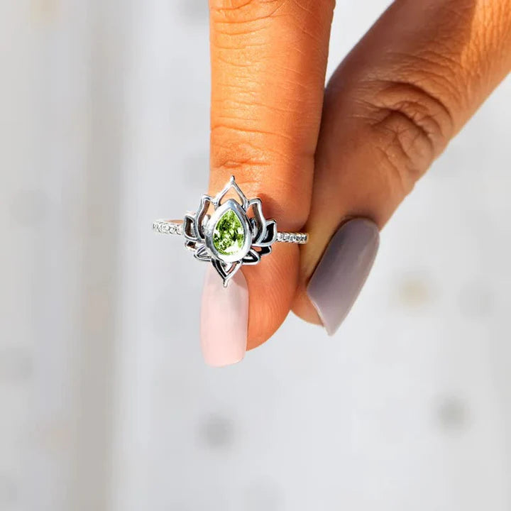 Karma Stone Sterling Silver Lotus Zircon Blessing Protection Ring