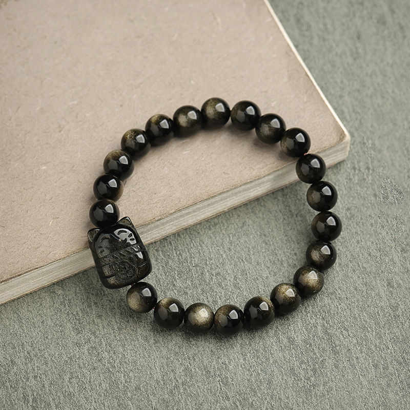 Karma Stone Gold Sheen Obsidian Silver Sheen Obsidian Lovely Paw Lucky Cat Protection Bracelet