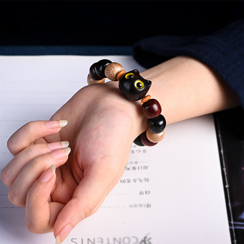 Karma Stone Small Leaf Red Sandalwood Ebony Wood Cute Cat Engraved Protection Bracelet